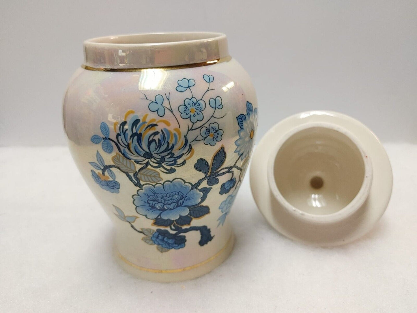 Sadler England Ginger Jar Luster Ware Urn Blue Floral Design Gold Trim Vintage