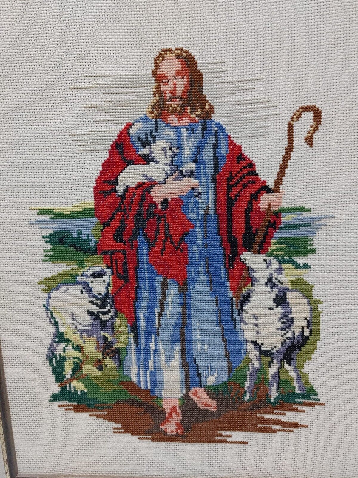 Vintage Complete Finished Counted Cross Stitch Good Shepherd Religion God Pray