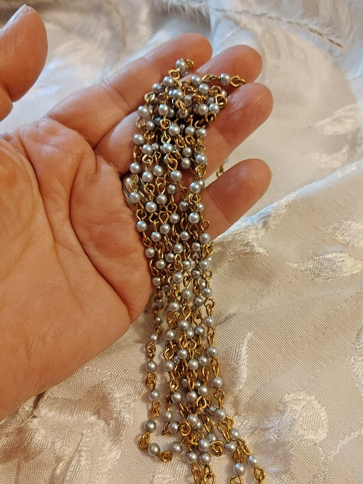 Vintage Grey Beaded Rosary Style Multi Strand Necklace Gold Tone 60"L Bohemian