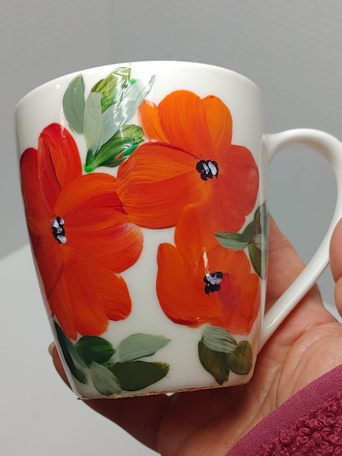 Hand Painted RED Floral Mug, Coffee Tea lovers mug, Pretty White Mug, Gift