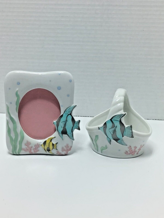 Porcelain Small Picture photo Frame & Basket 3D Fish Marine scene made in Japan