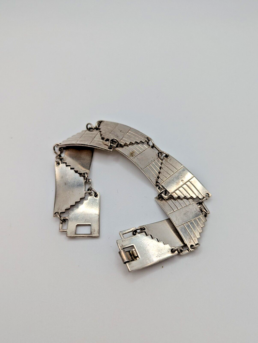 Sterling 925 Art Deco Bracelet Geometric Link Pyramid Aztec Design 7”