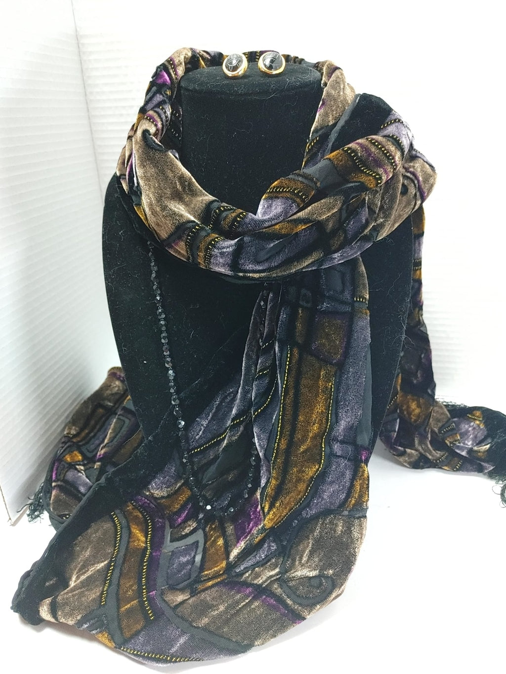 Silk Velvet Scarf, Black Goldtone Earrings, Crystal beads Necklace Lady Gift set