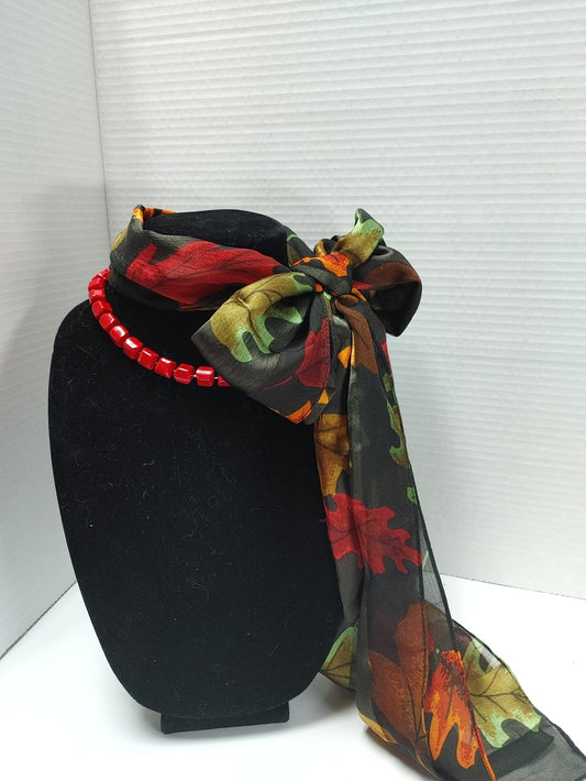 Ladies silk scarf & matching Red Acrylic Necklace VTG - Red - Black