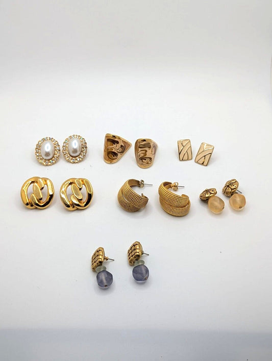 Vintage Earrings Stud Pierced Chunky Bold Statement Gold Tone Mix Lot of 7