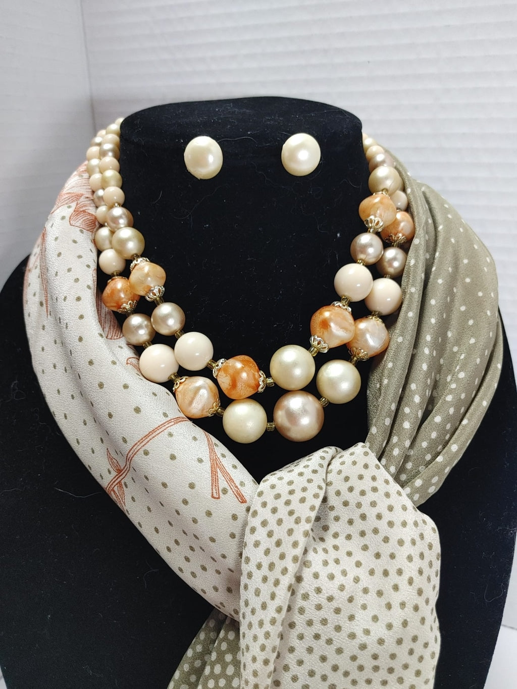 Silk Floral Scarf & Faux Pearl Earrings & Doble Strand Necklace Ladies Gift set