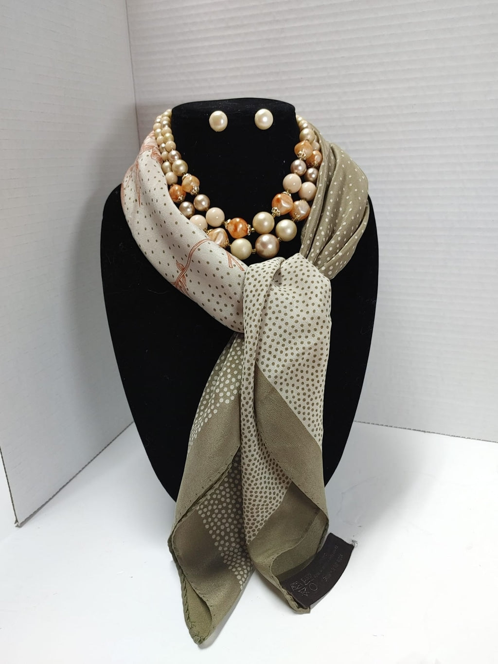 Silk Floral Scarf & Faux Pearl Earrings & Doble Strand Necklace Ladies Gift set