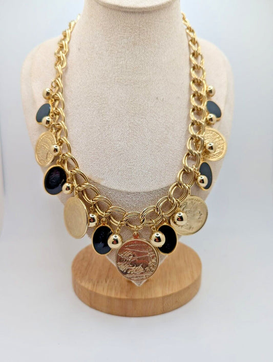 Coin Necklace Black Disc Charms Coin Dangles Charms Gold Tone Link Chain 24"