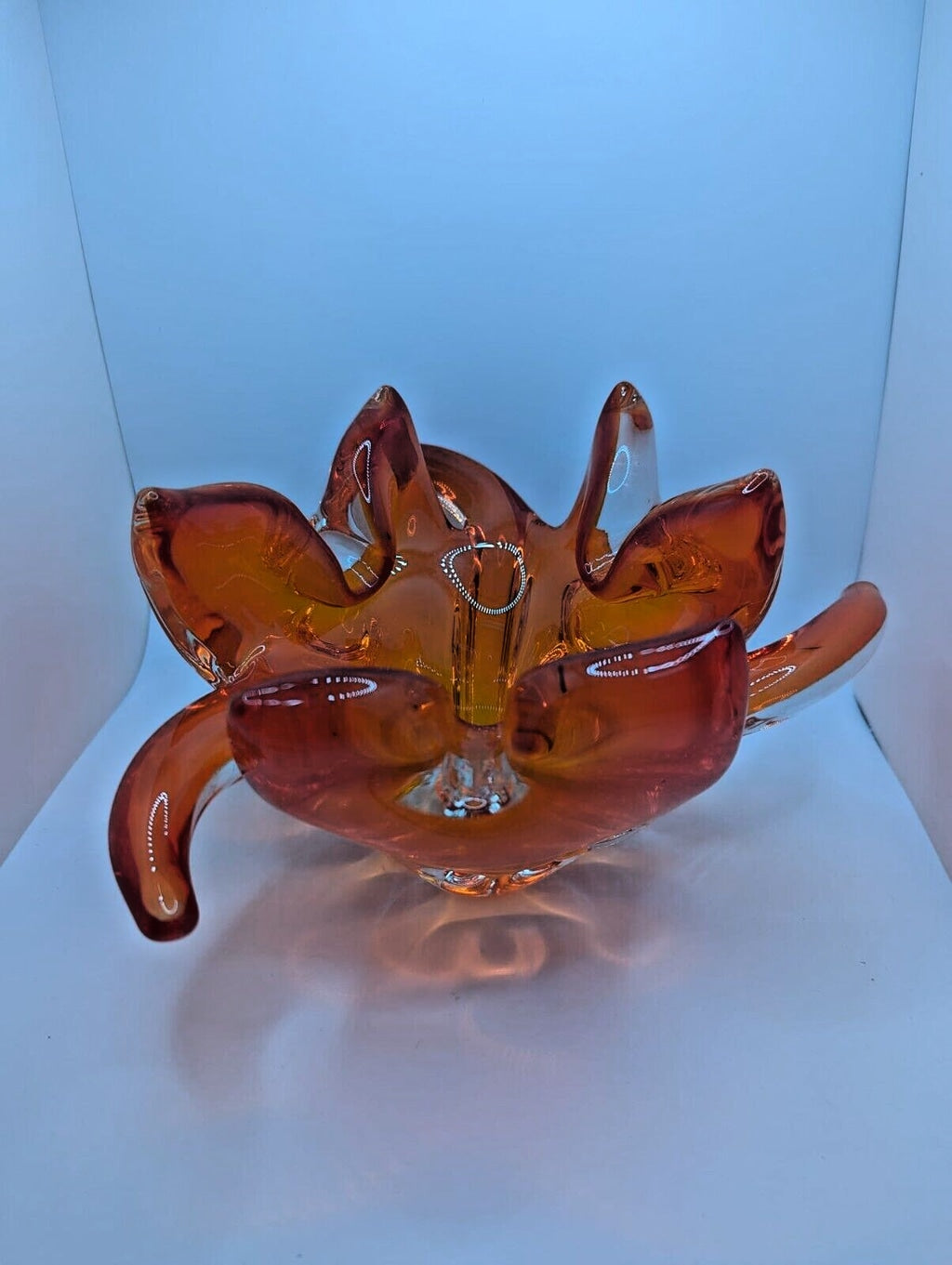 Vintage Murano glass Sunburst Flame Bowl Hand Blown Art orange Amberina