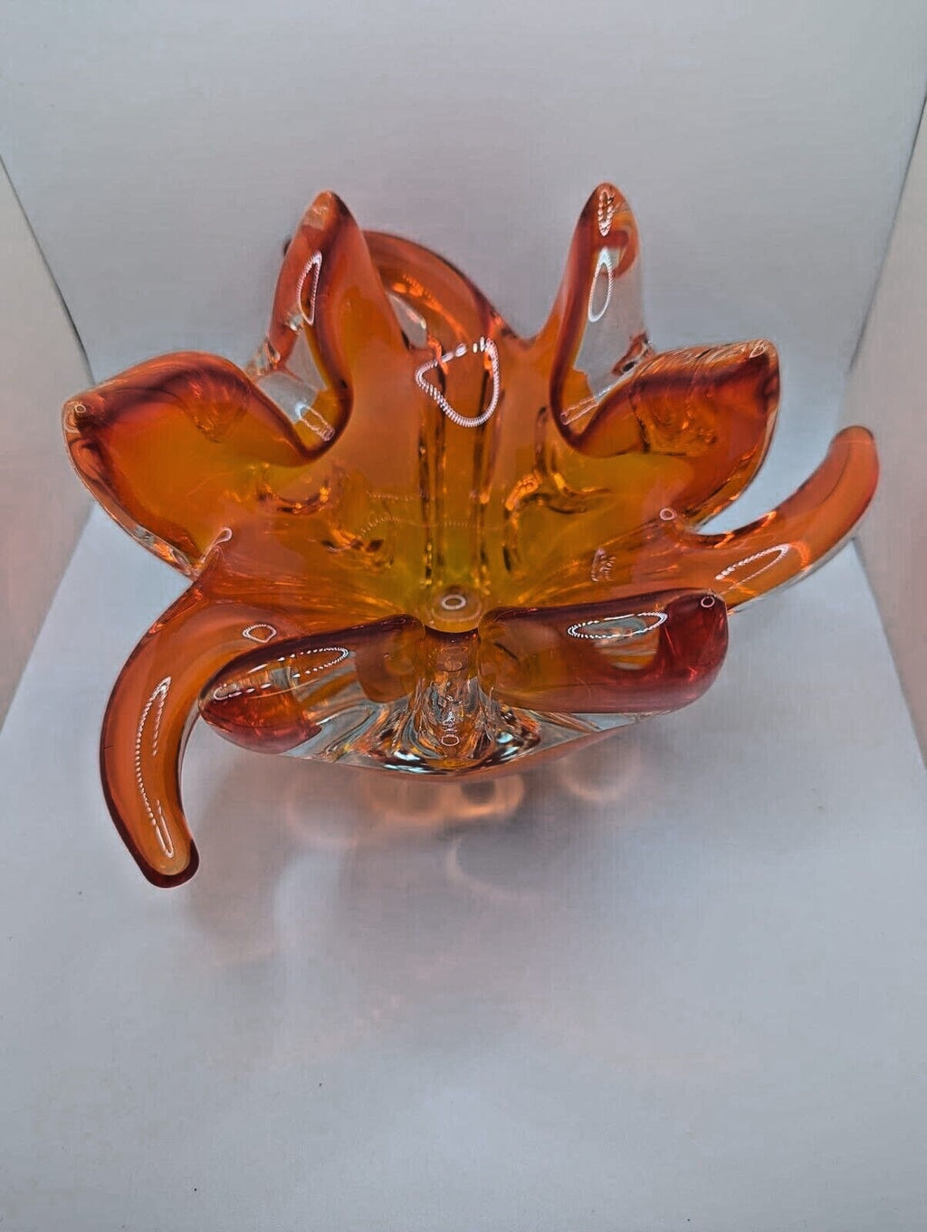 Vintage Murano glass Sunburst Flame Bowl Hand Blown Art orange Amberina