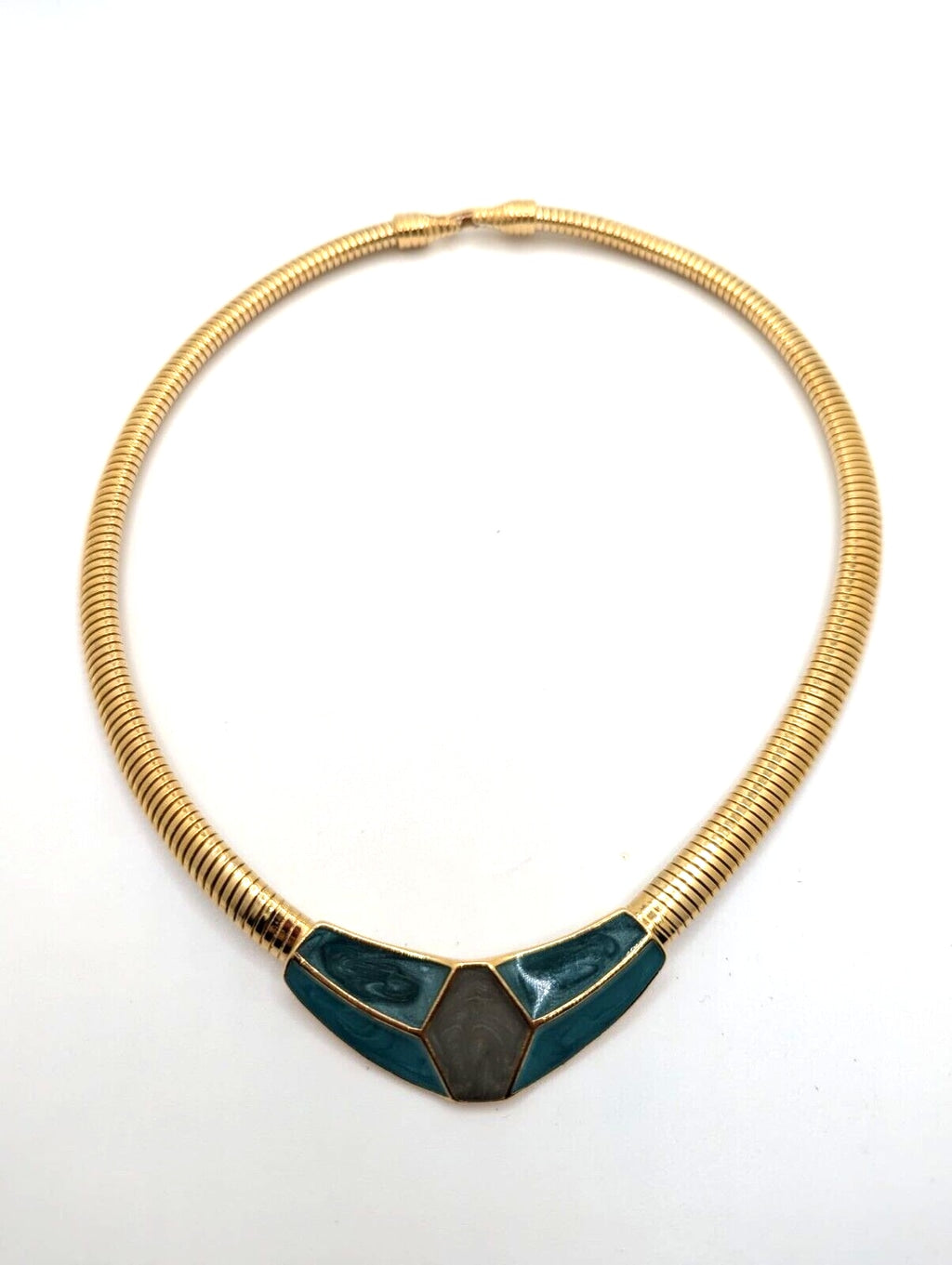 Trifari 1980's style necklace Omega green metallic gold toned vintage retro