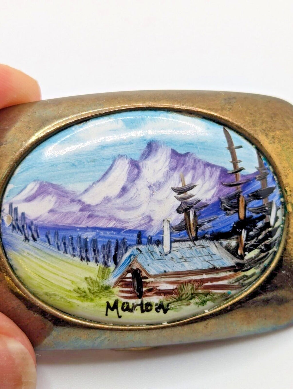 Vintage Handpainted Solid Brass Belt Buckle Landscape painting signed Marlow