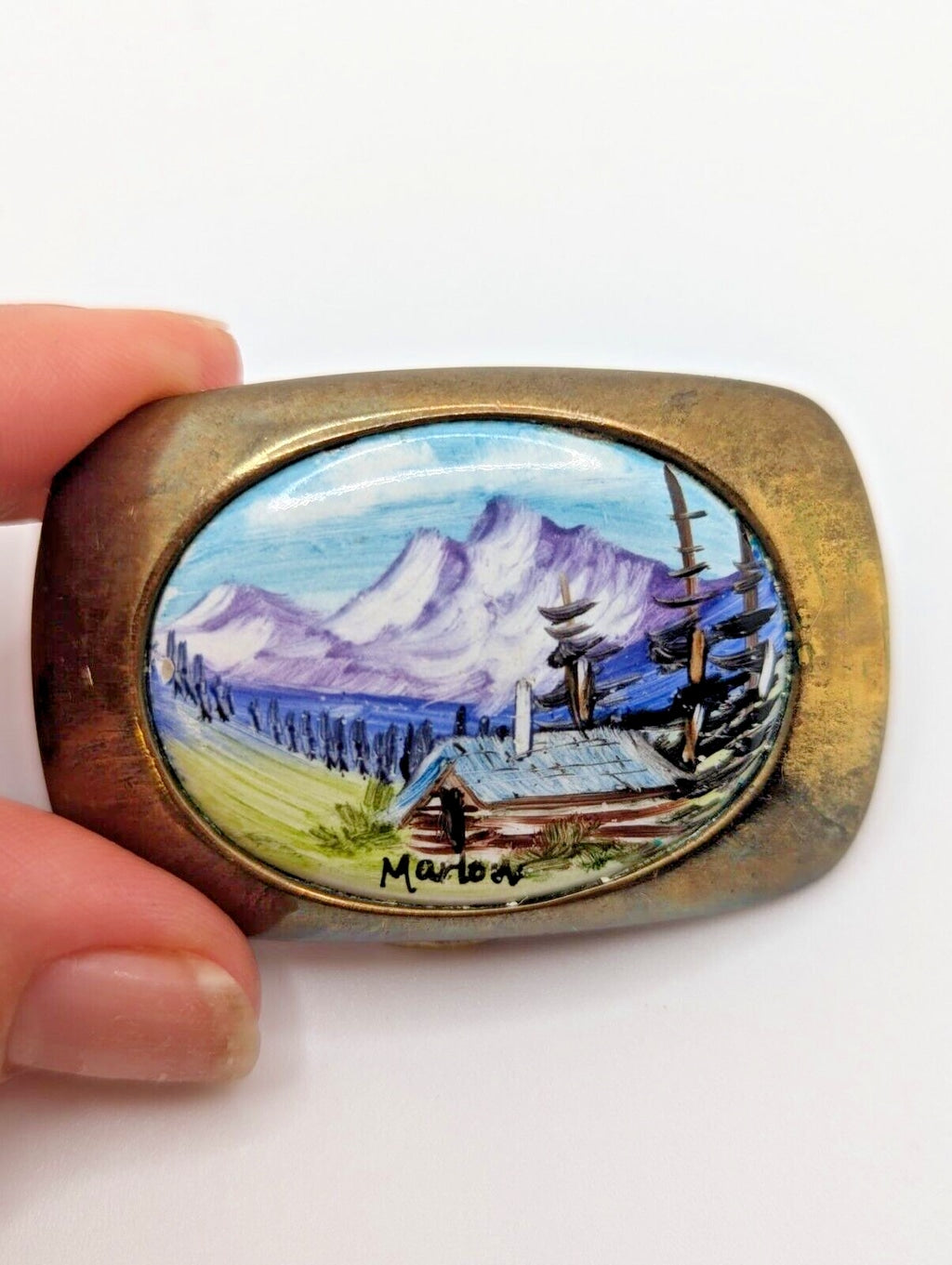 Vintage Handpainted Solid Brass Belt Buckle Landscape painting signed Marlow