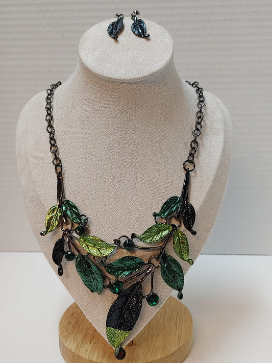 Leaf Necklace Matching Earrings Dangle Drop Jewelry Set GunMetal Rhinestones