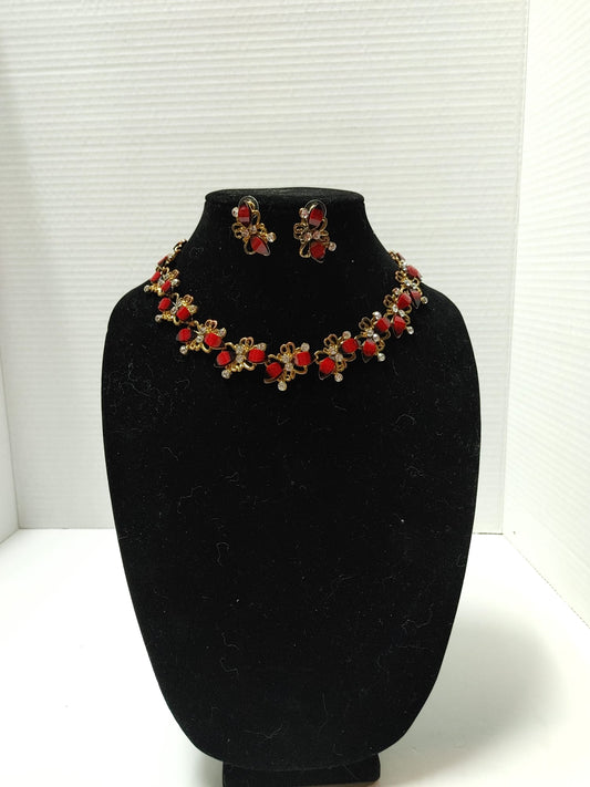 Necklace Set adorned with Rhinestones & ombré ruby cut glass leaf