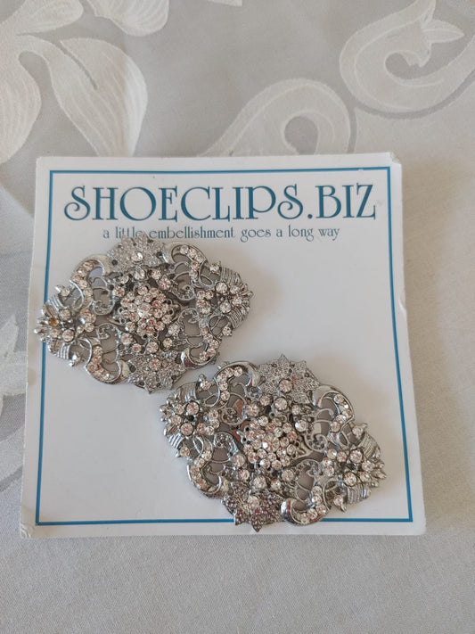 NEW Vintage Women’s Silver Tone Rhinestone Shoe Clips 2"x1.5" wedding accessory