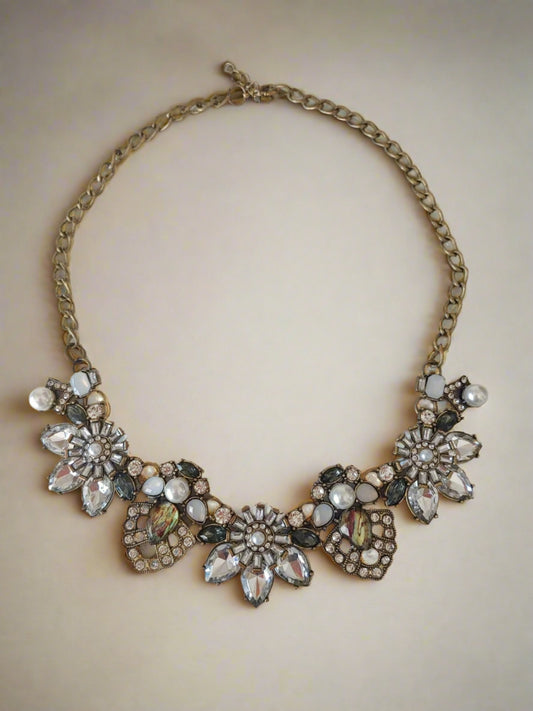 Rhinestone faux pearl statement Necklace Flowers Brass Colored Chain