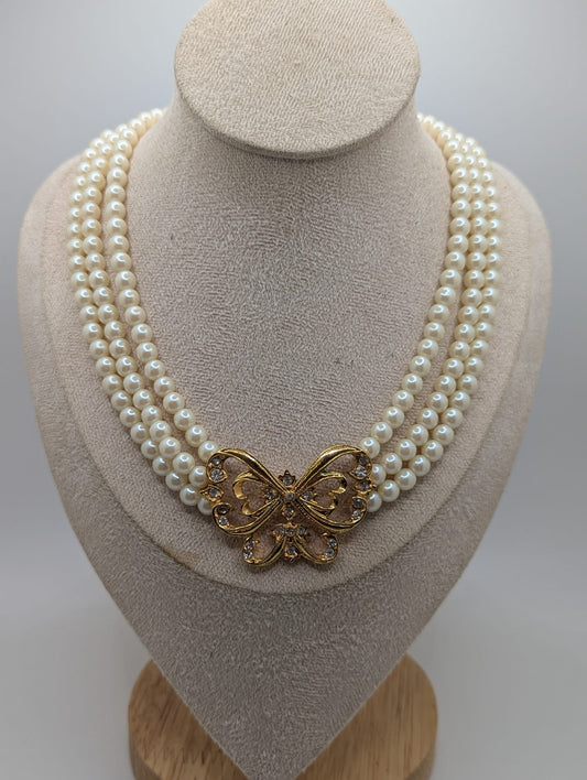 Vintage AVON Triple Strand Necklace Butterfly Pendent Faux Pearl