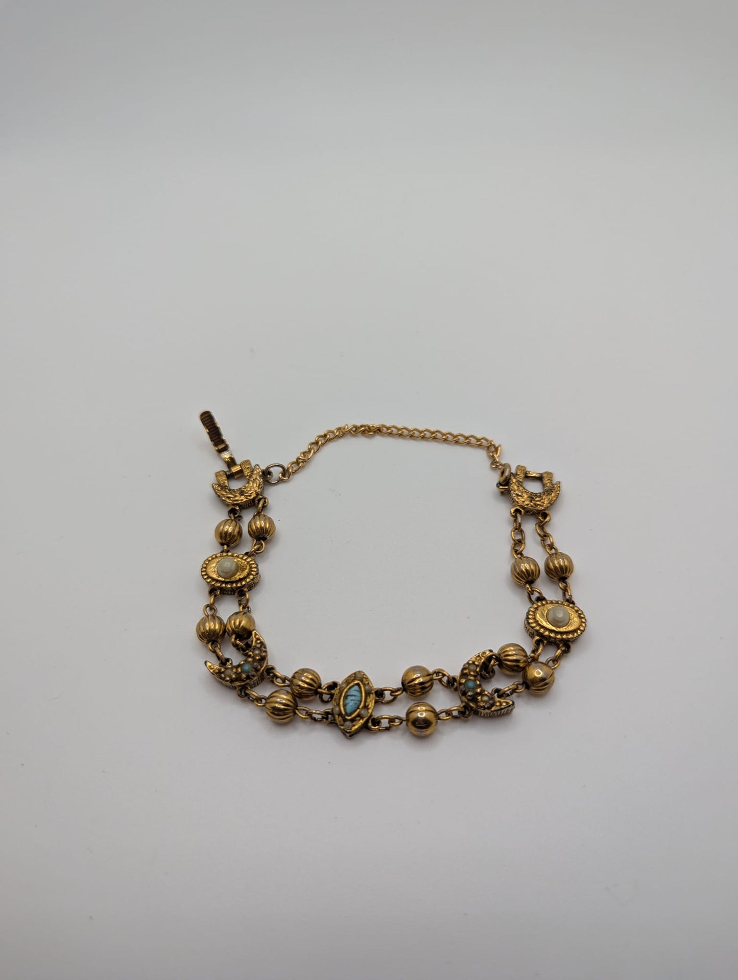 Vtg Goldette Link Bracelet Gold Tone Filigree Faux Pearl Faux Turquoise Signed 7.5"