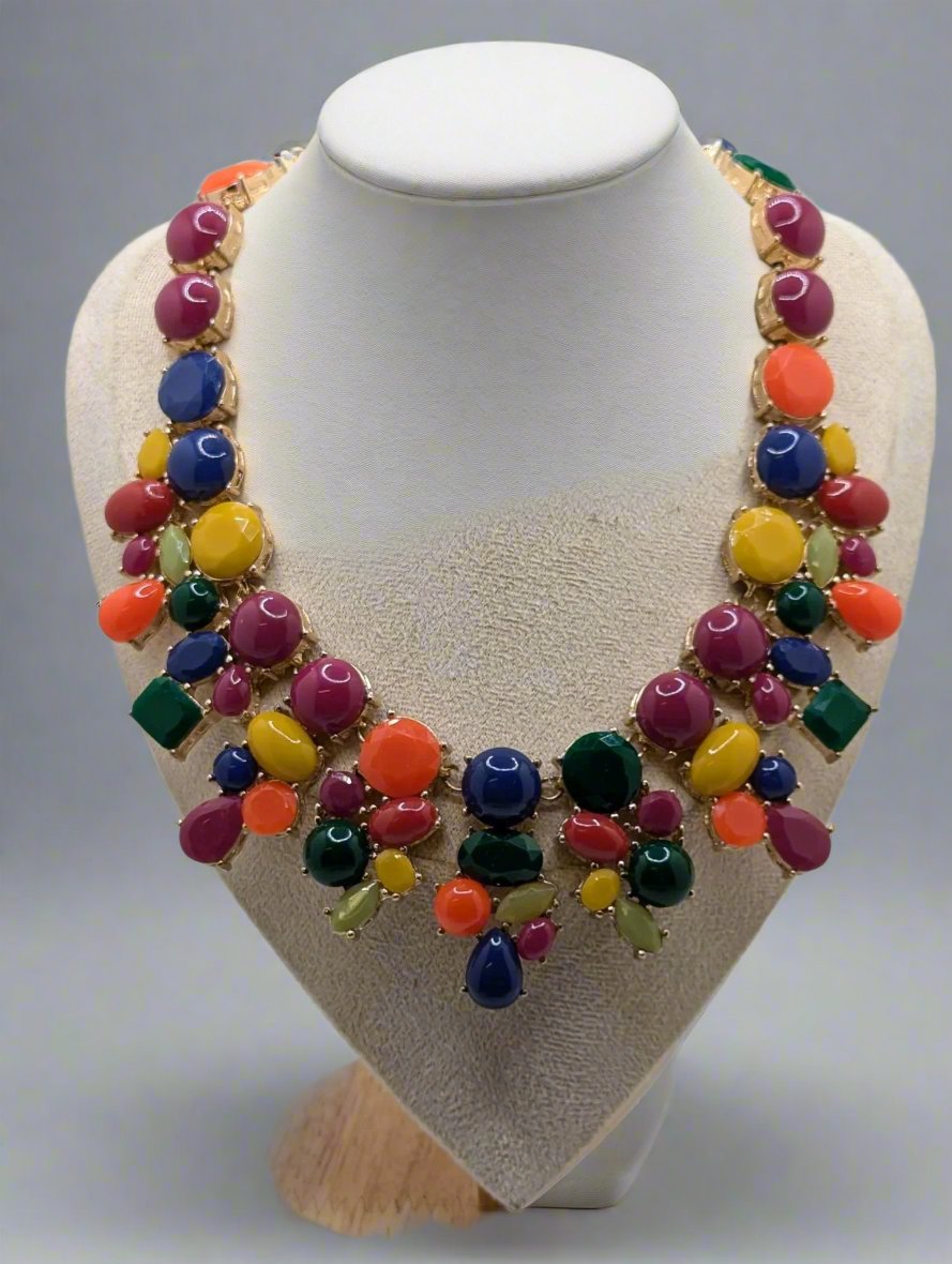 Talbots Bib necklace Multicolor Gold Tone & Cabochon Statement 21"