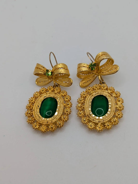 18k Gold Plated Mexican Earrings Handcrafted Filigree Chandelier Glass 2.3"