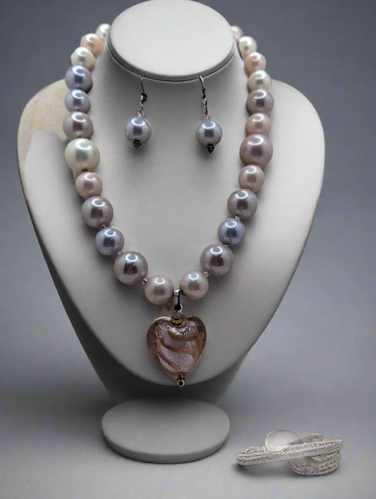 Murano Heart Pendant & Faux Pearl Jewelry Set Necklace & Earrings