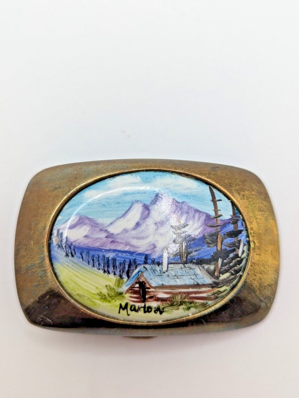 Vintage Handpainted Solid Brass Belt Buckle Landscape painting signed Marlow