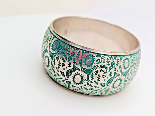 Silver Plated Engraved in Blue Design Bangle Bracelet Aqua Vintage 8"