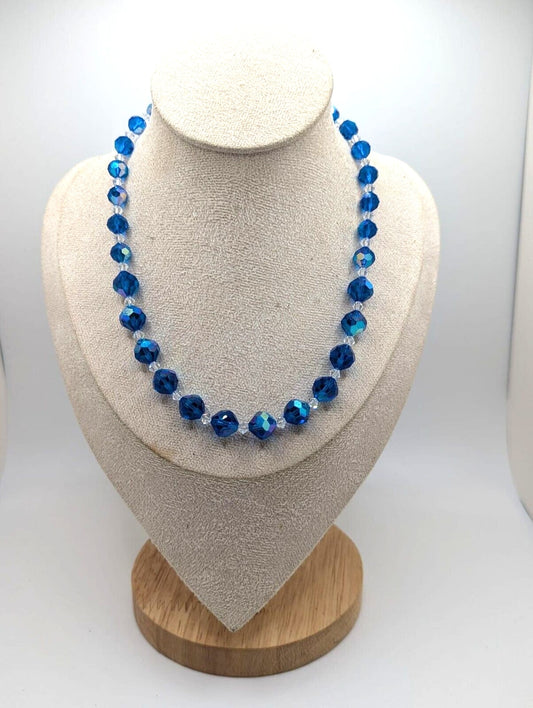 Vintage Blue AB Aurora Borealis Faceted Crystal Beaded Necklace Estate Find