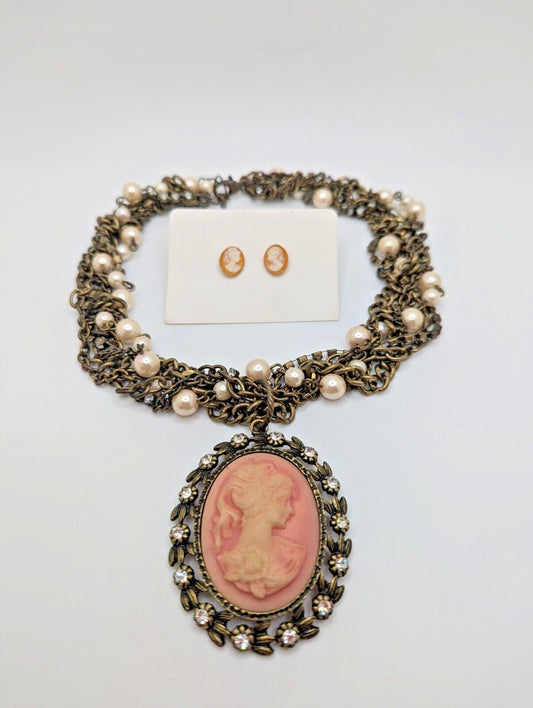 VTG Pink Cameo Pendant Beaded Steampunk Necklace Earrings Rhinestone Faux Pearl