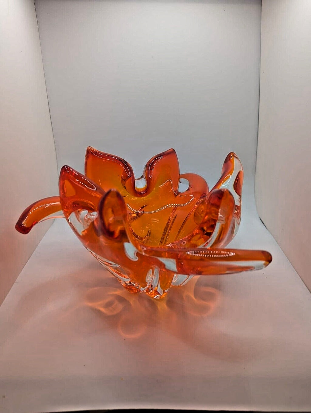 Vintage Murano glass Sunburst Flame Bowl Hand Blown Art orange Amberina