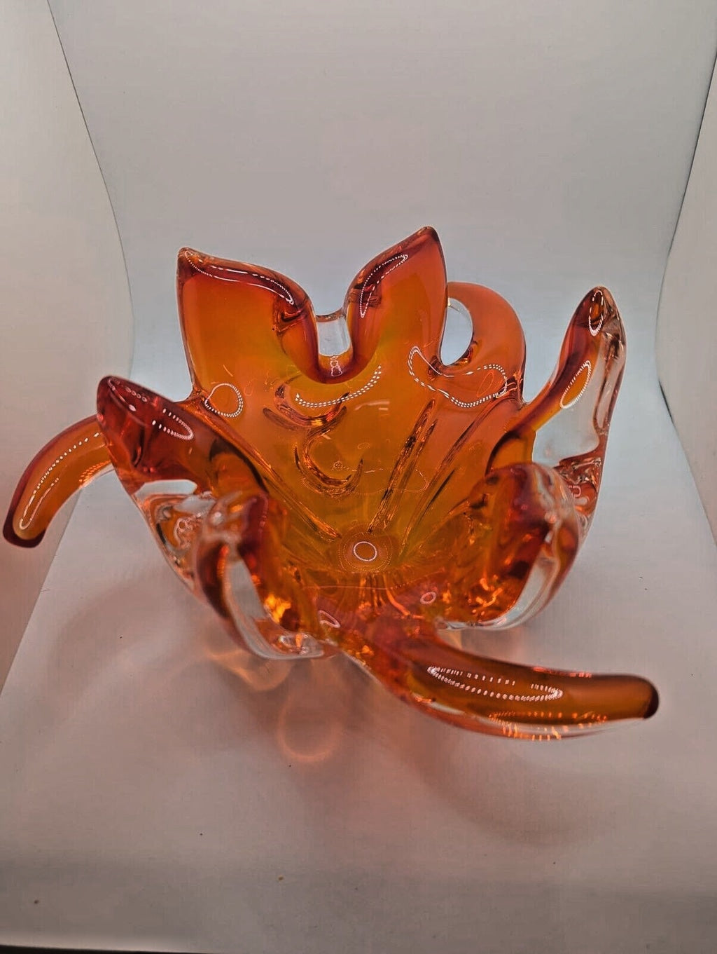 Vintage Murano glass Sunburst Flame Bowl Hand Blown Art orange Amberina