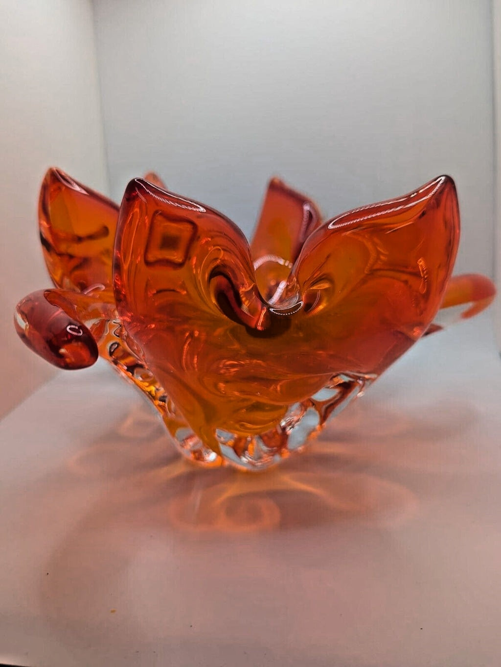 Vintage Murano glass Sunburst Flame Bowl Hand Blown Art orange Amberina