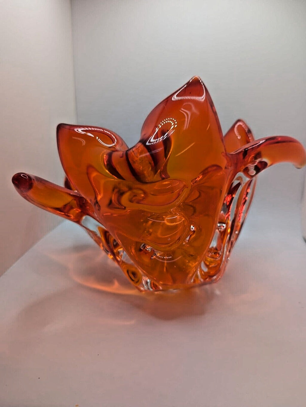 Vintage Murano glass Sunburst Flame Bowl Hand Blown Art orange Amberina